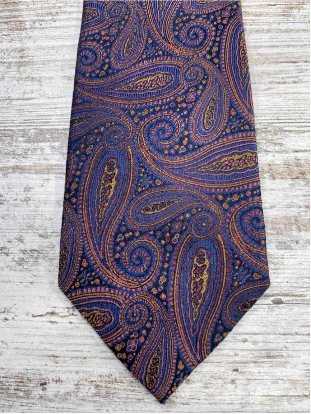Bruno Piatelli Silk Tie Navy Blue Paisley Coral Gold Hand Made 60” x 3.25”